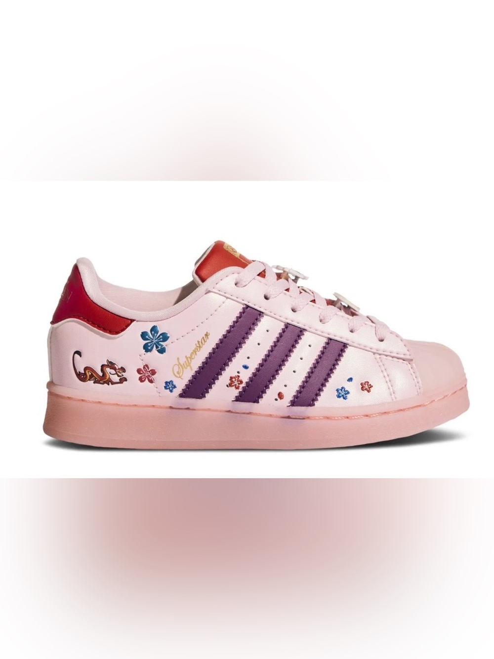 NWT -ADIDAS -DISNEY pink and purple Mushu-themed Superstar sneaker